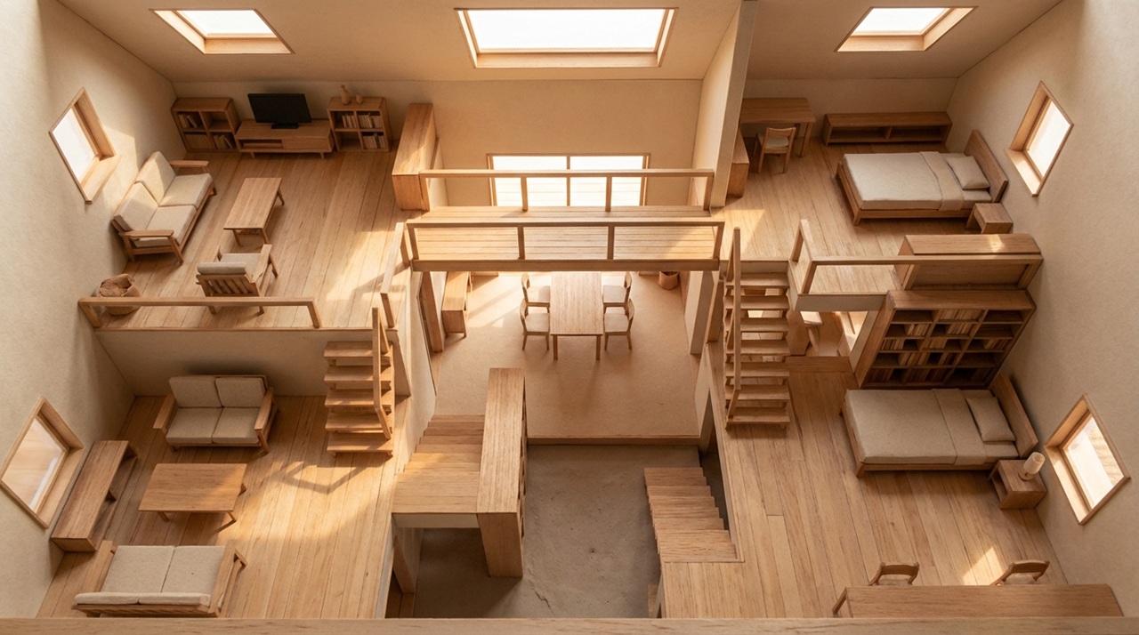 吹き抜けと階段でつながる多層構造の住空間を表現した木製住宅模型