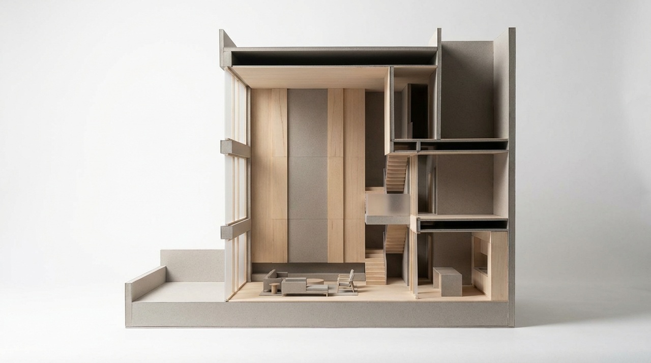 吹き抜けと階段の構成が分かる、住宅の断面を表現したミニチュア模型