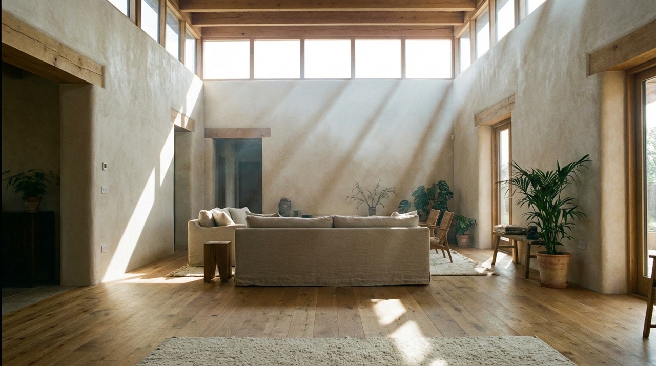 高い天井と大きな窓から自然光が差し込む、木の床が心地よい開放的なリビング空間