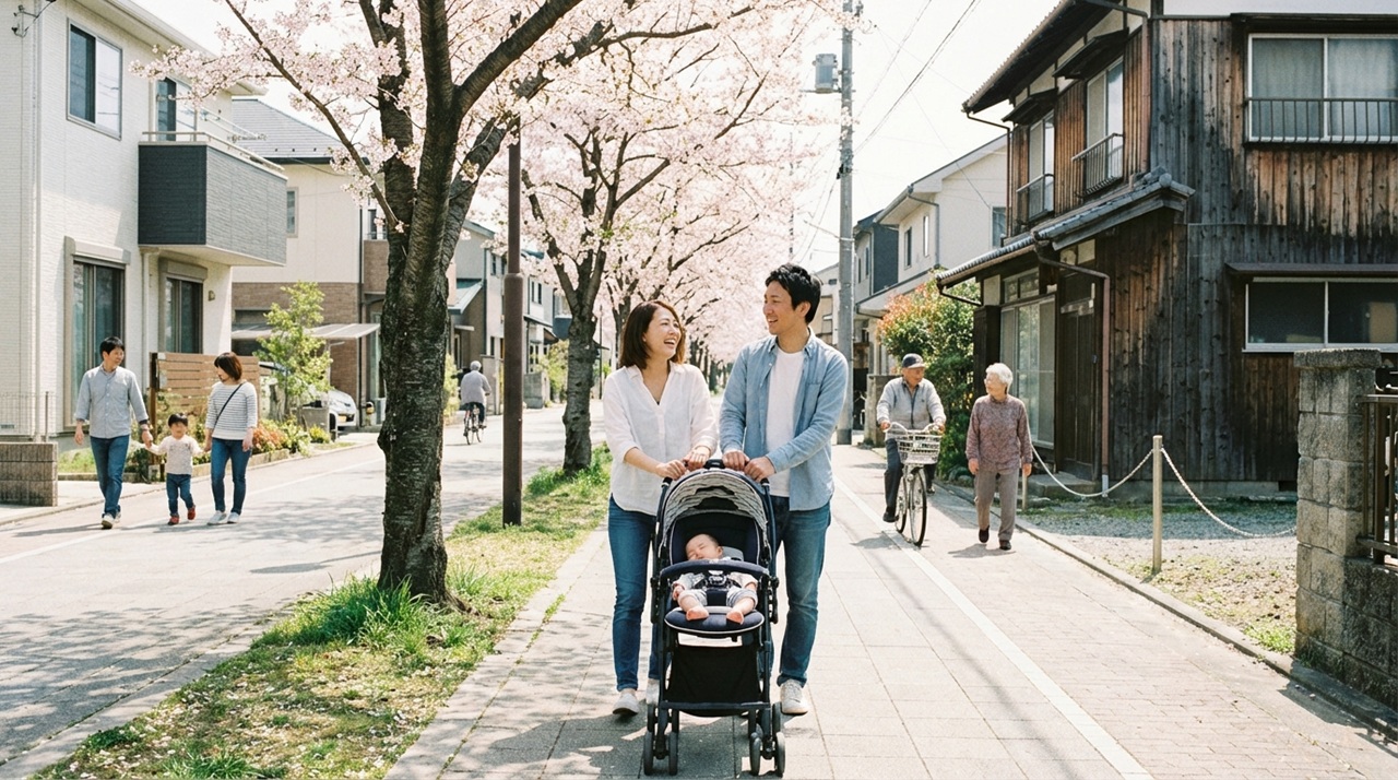 桜並木の住宅街を、ベビーカーを押す家族や地域の人々が行き交う春の街並
み