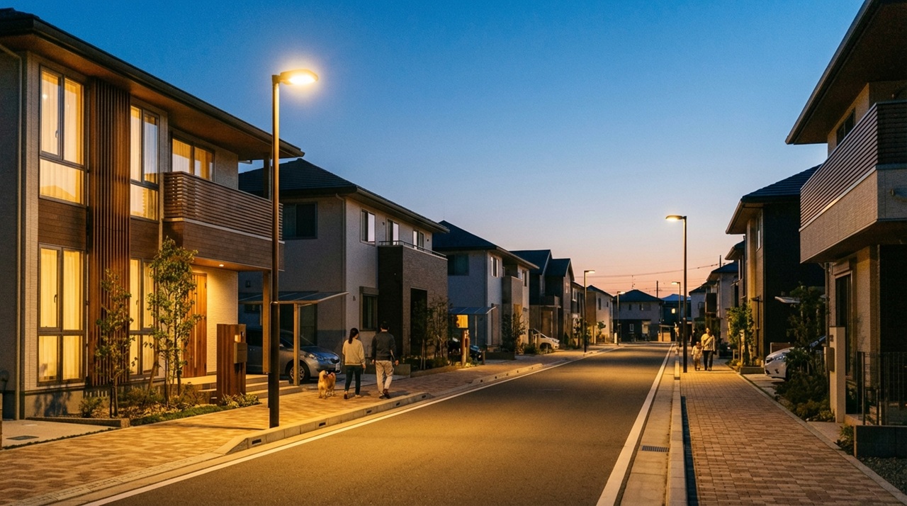 夕暮れの住宅街で街灯に照らされながら、住民が散歩する落ち着いた街並み