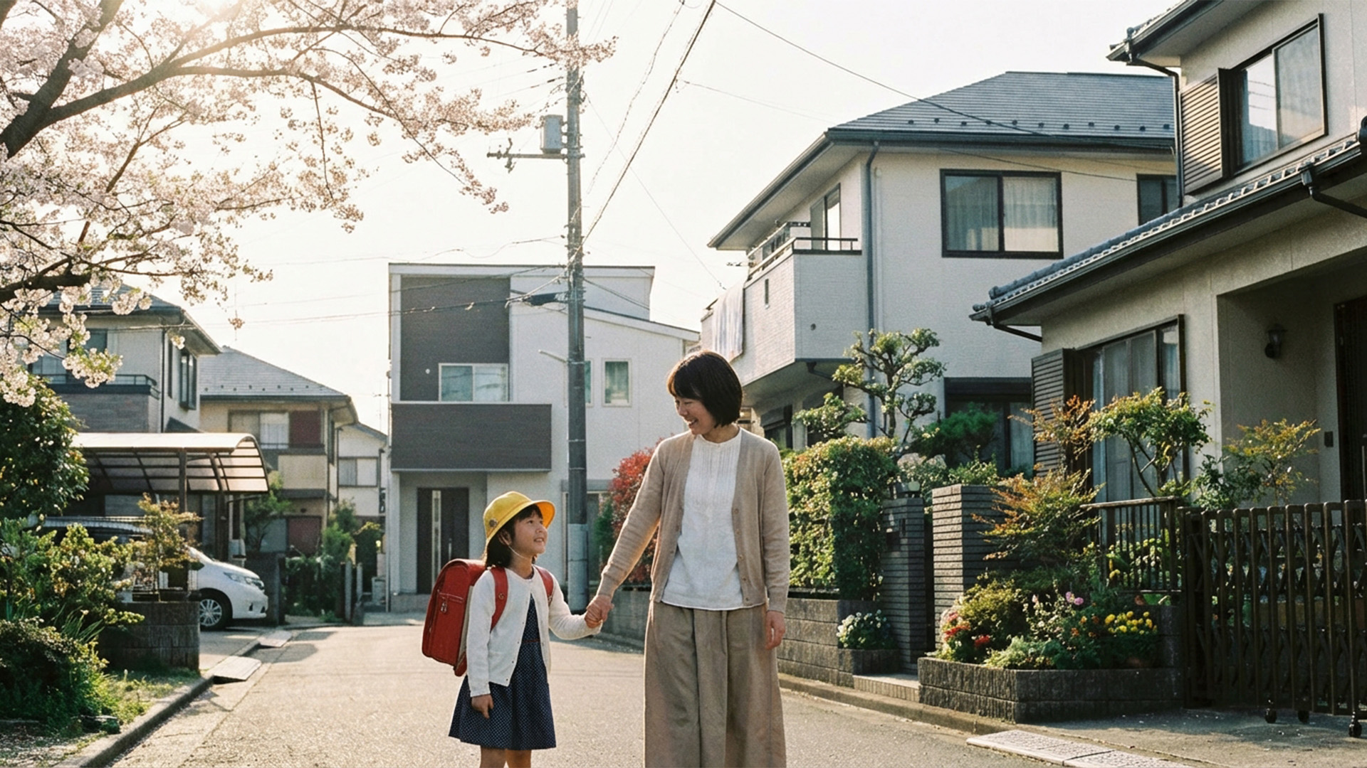 通学路を歩く親子
