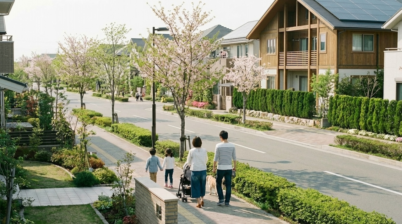 住宅地を歩く家族