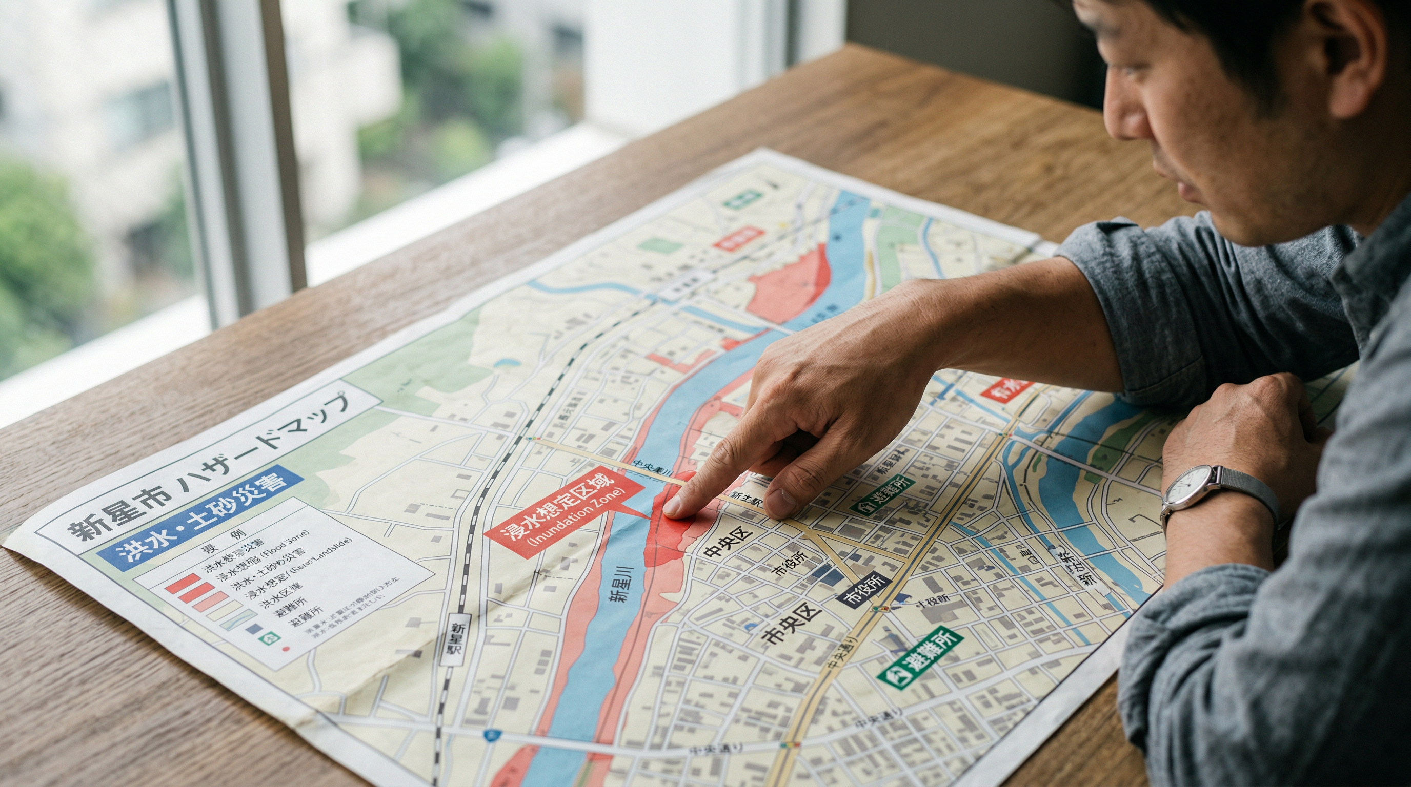 ハザードマップを指さして確認する様子
