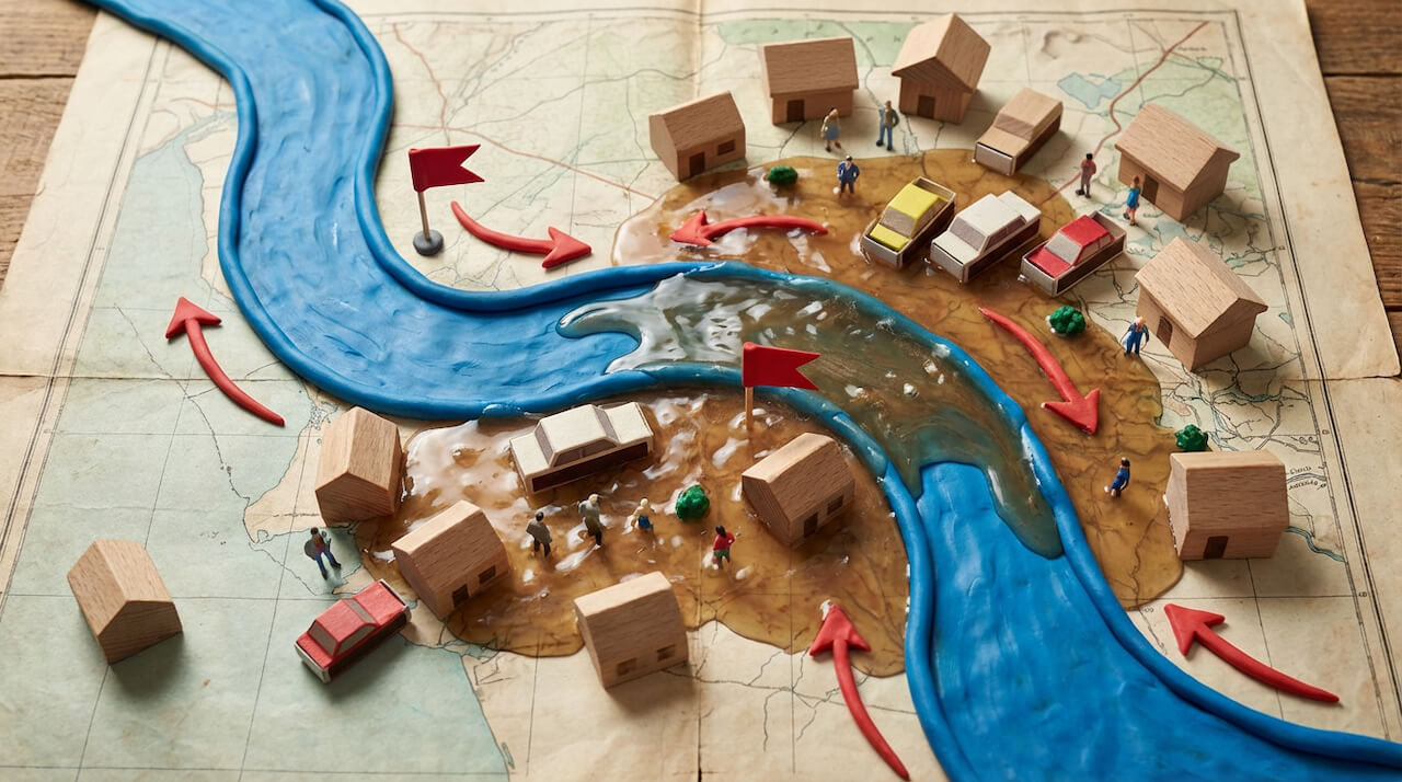 川が氾濫して住宅地に水が広がっている