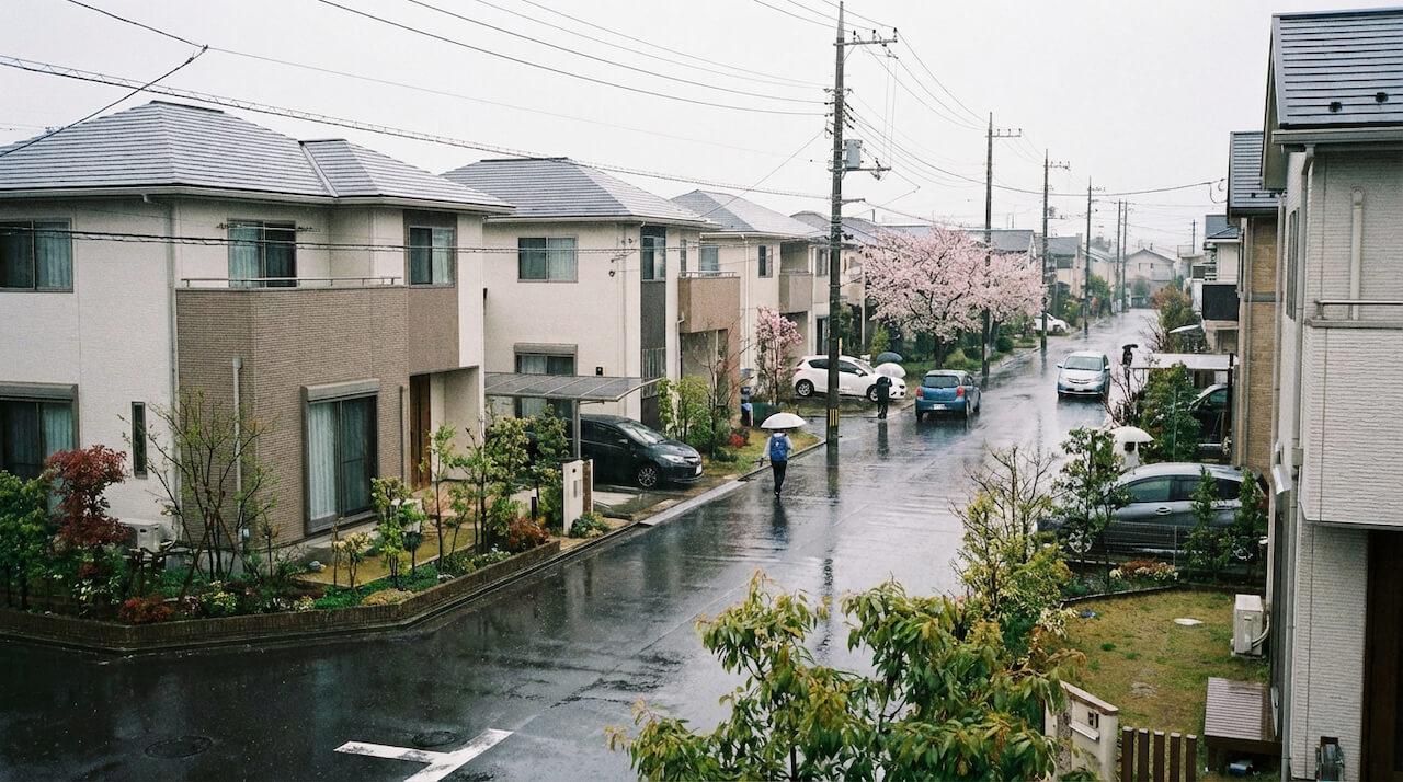 濡れた道路を傘をさして歩いている人