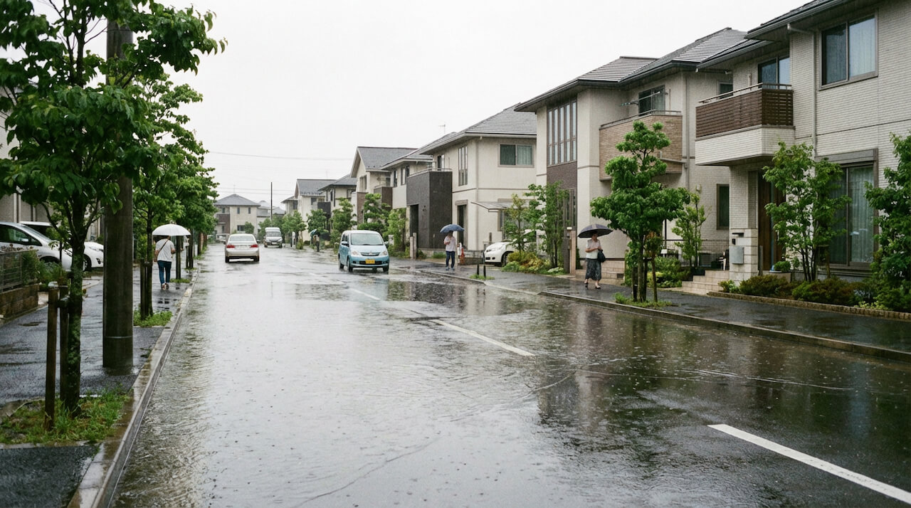 雨の住宅街で傘をさして歩く人々