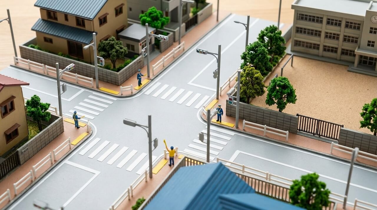 住宅街の交差点を再現したミニチュア模型