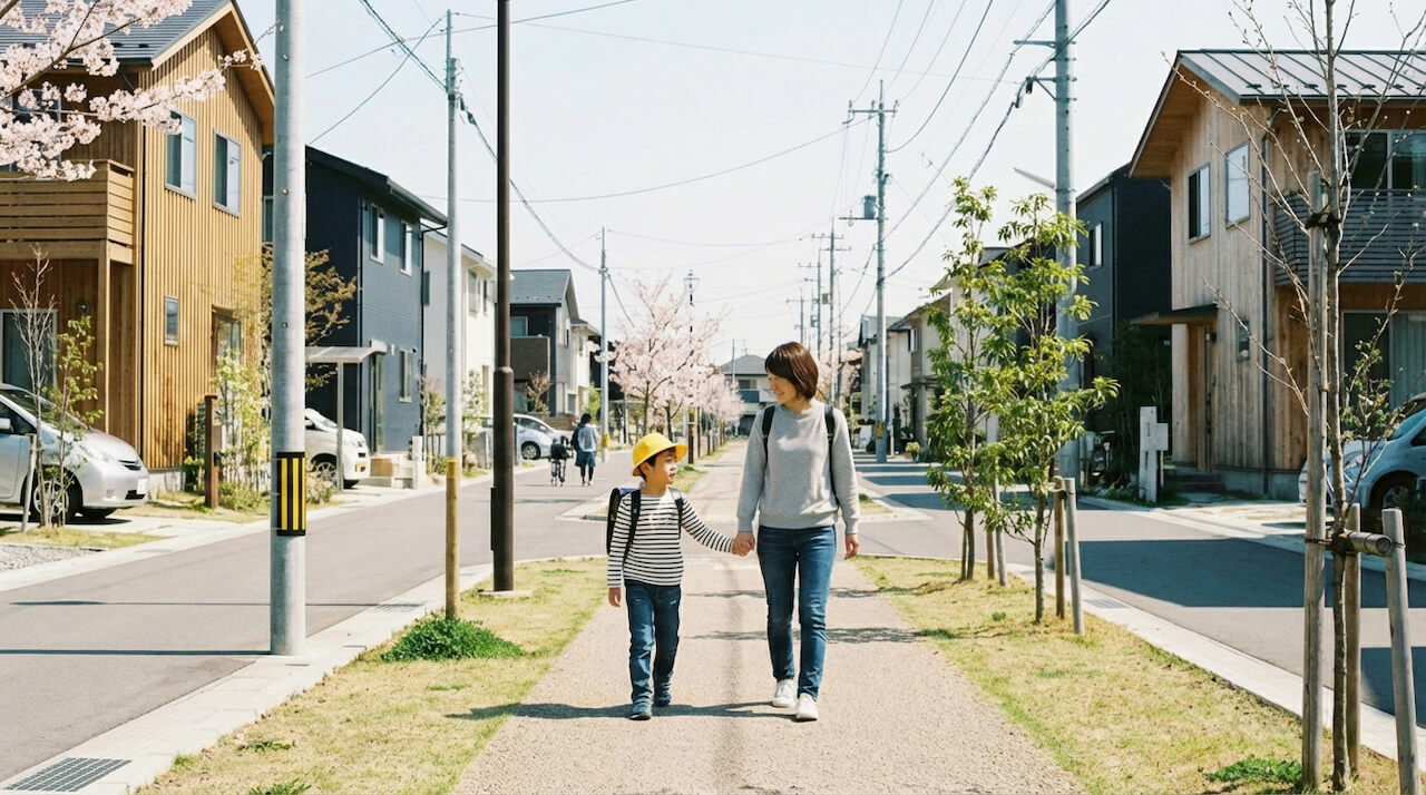 住宅街を手をつないで歩く親子