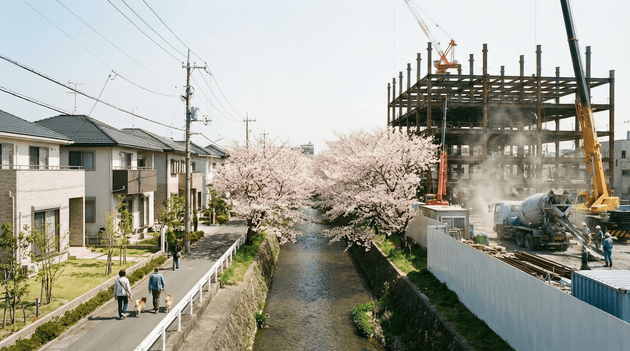 川沿いの住宅街と隣接する建設現場