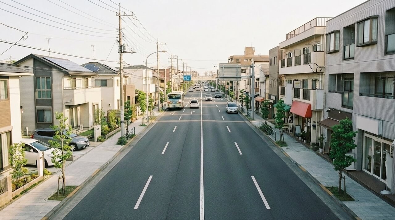 住宅と店舗が並ぶまっすぐな道路の街並み