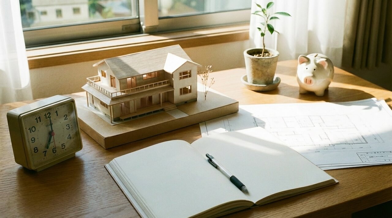 住宅模型と設計図が置かれた机の風景