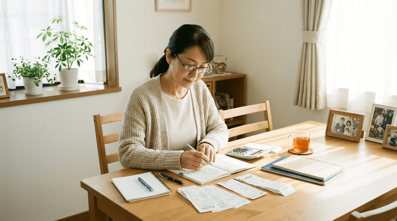 テーブルで家計簿をつける女性