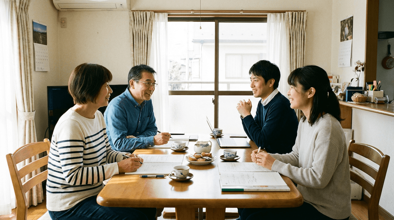 家族がテーブルで話し合う様子
