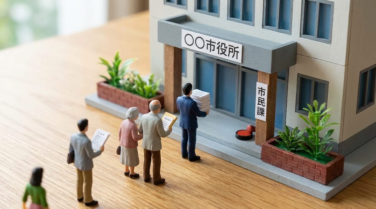 市役所で手続きを待つ人々のミニチュア