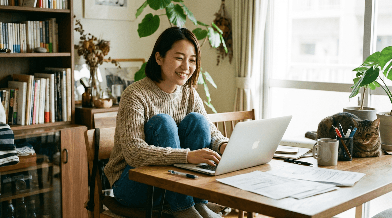 自宅でノートパソコンを使う女性