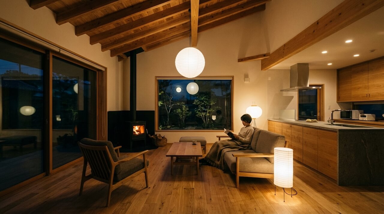 夜のリビングでくつろぐ様子