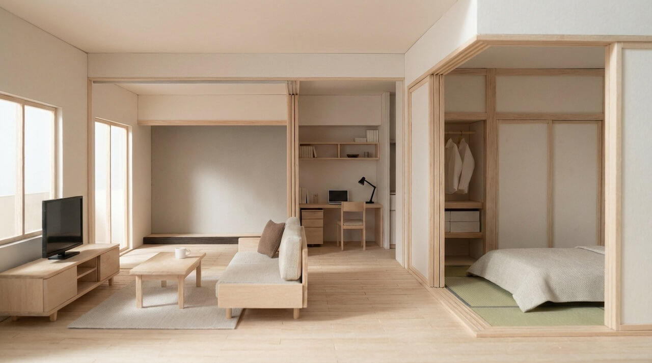 明るい木目調の開放的な室内空間