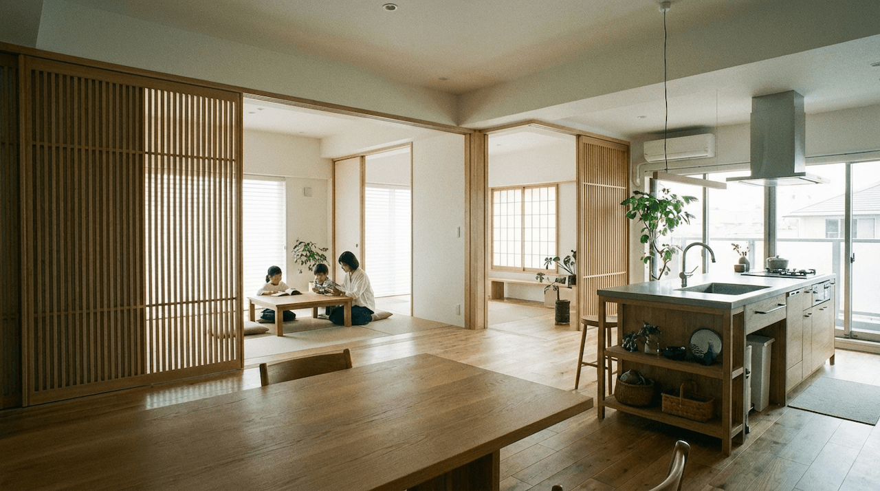 和室で家族がくつろぐ開放的な住まい