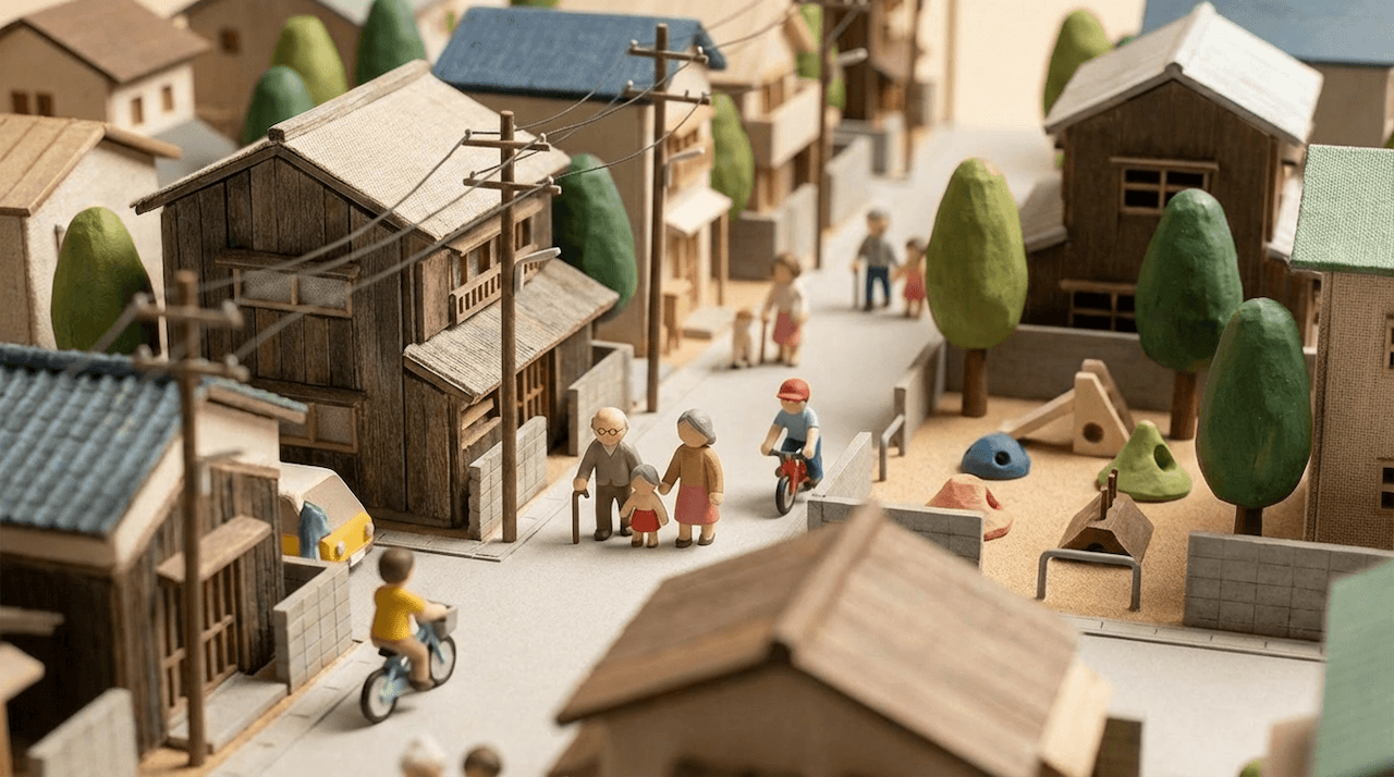住宅街で暮らす人々のミニチュア模型