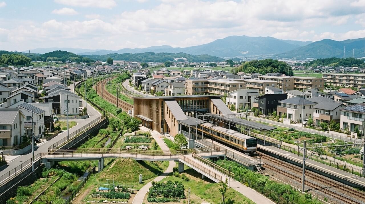 住宅地の中の駅と電車