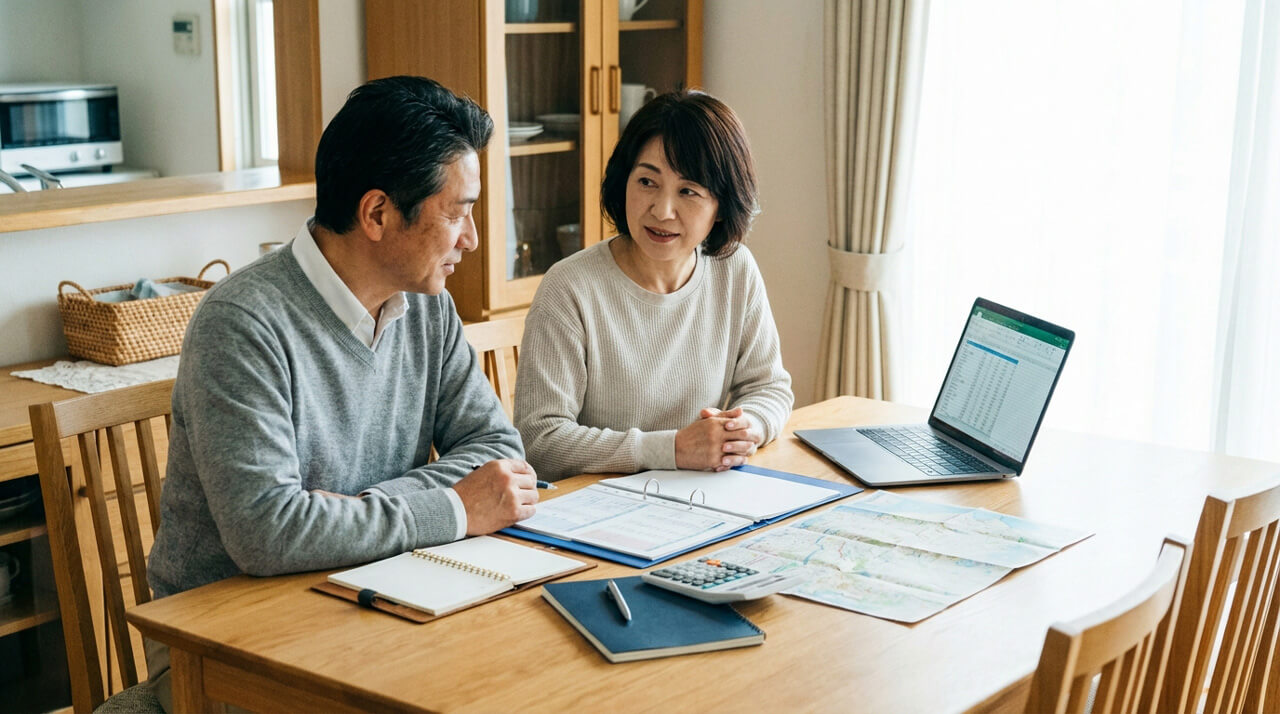 夫婦が自宅の食卓で住宅購入の資金計画を相談している様子