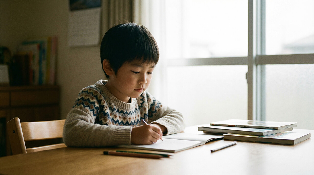 自宅のテーブルで勉強に取り組む小学生の様子