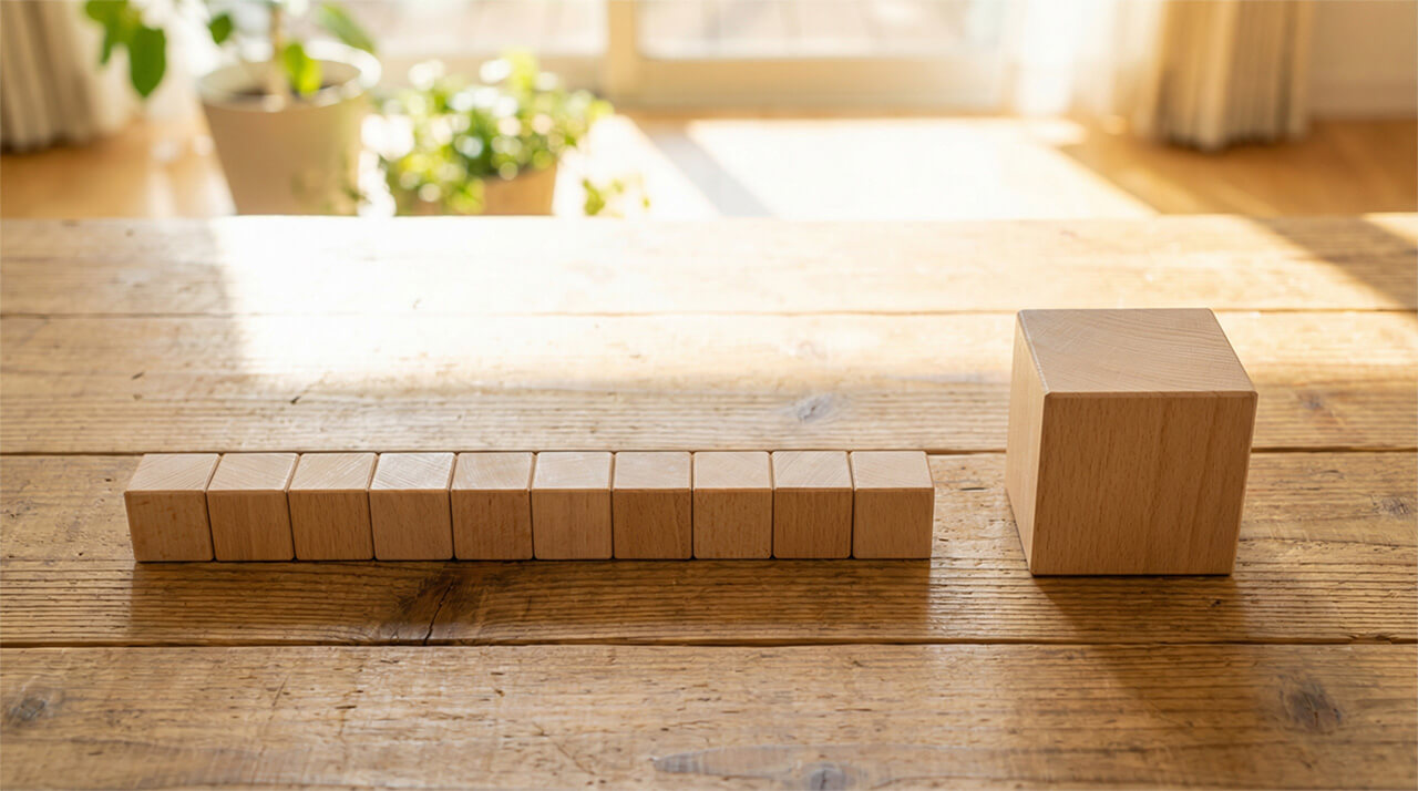 小さな木製ブロックの列と大きなブロックで、通常返済とボーナス払いの差を表したイメージ