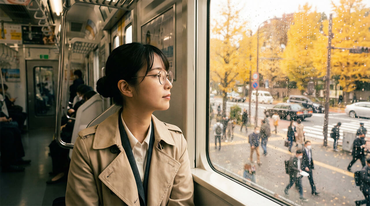 電車内で窓の外を眺めながら通勤する女性の様子