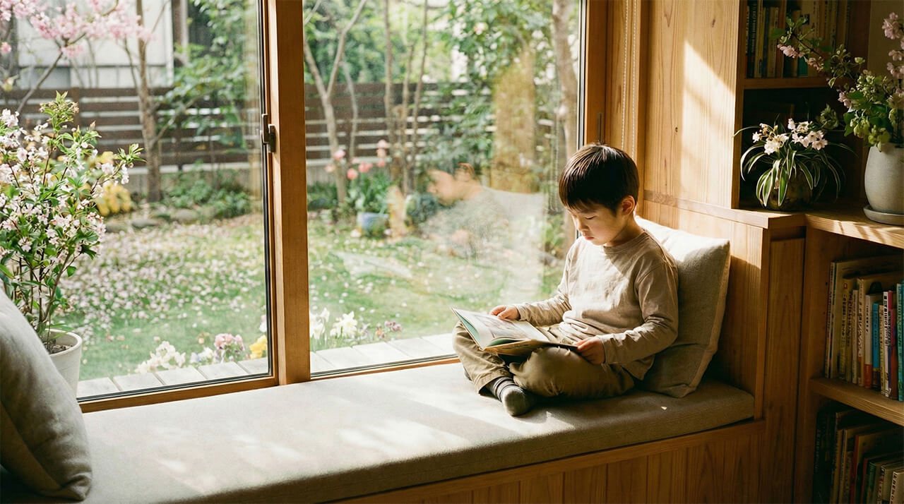 庭を望む窓辺で、子どもが絵本を読んでいる様子