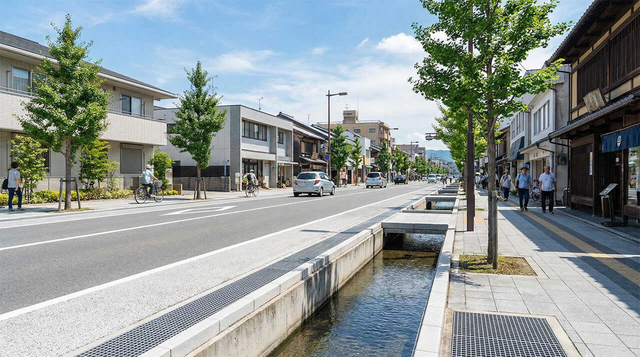 水路沿いに住宅や店舗が立ち並ぶ、緑豊かな街並みの様子