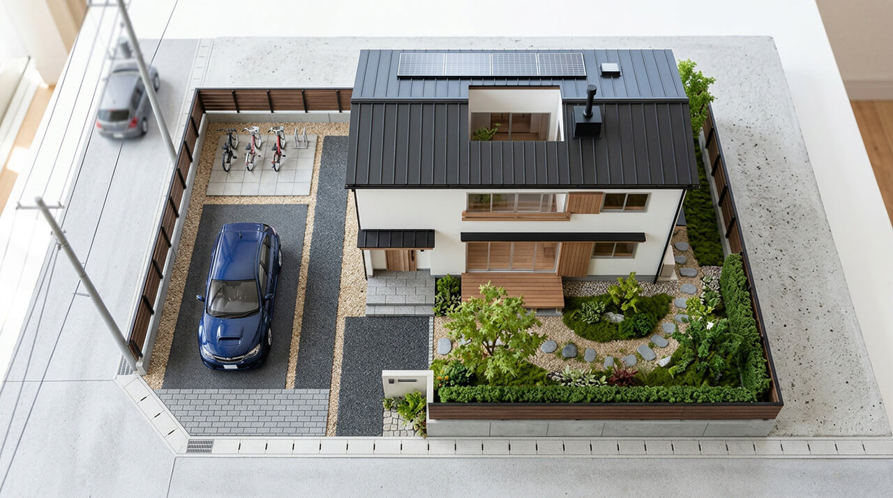 敷地内に住宅・庭・駐車場を配置した戸建て住宅模型