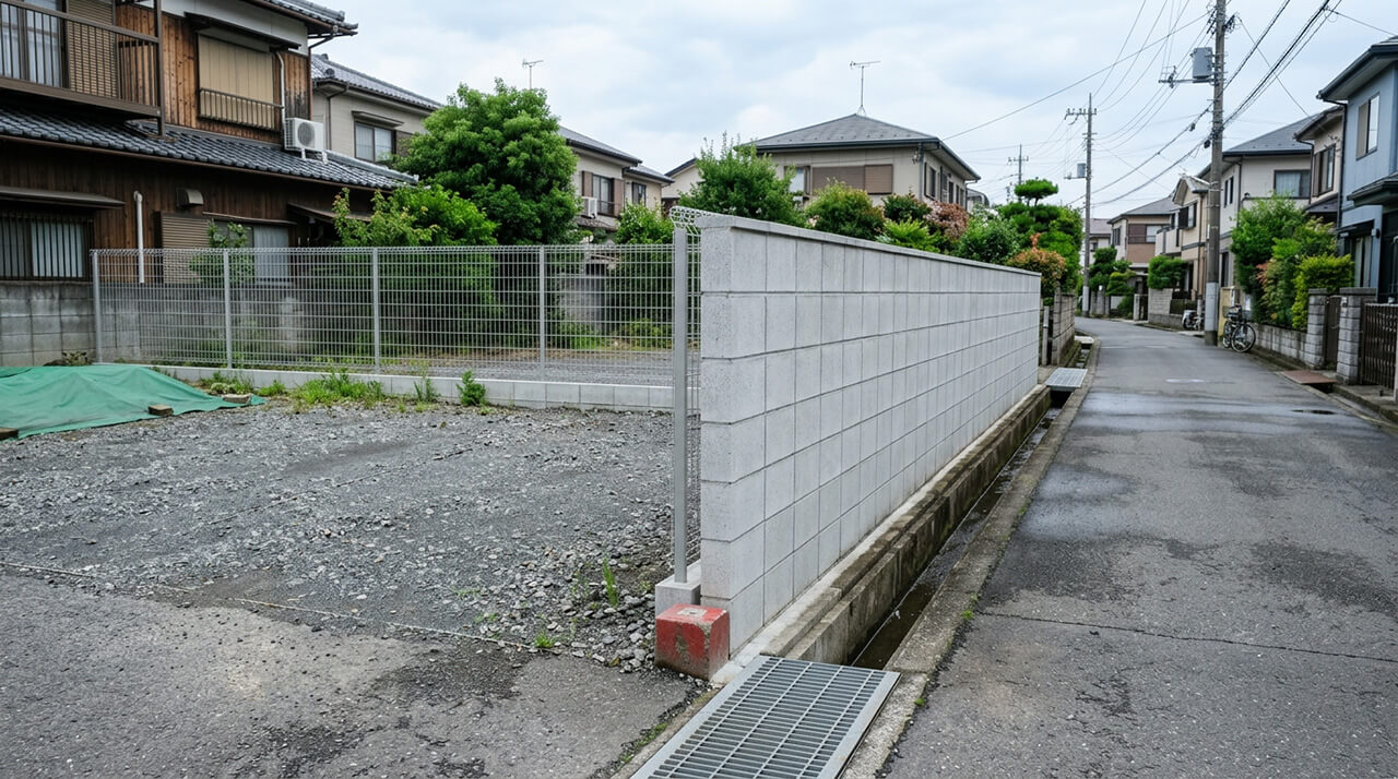 境界標とブロック塀で区切られた住宅街の空き地