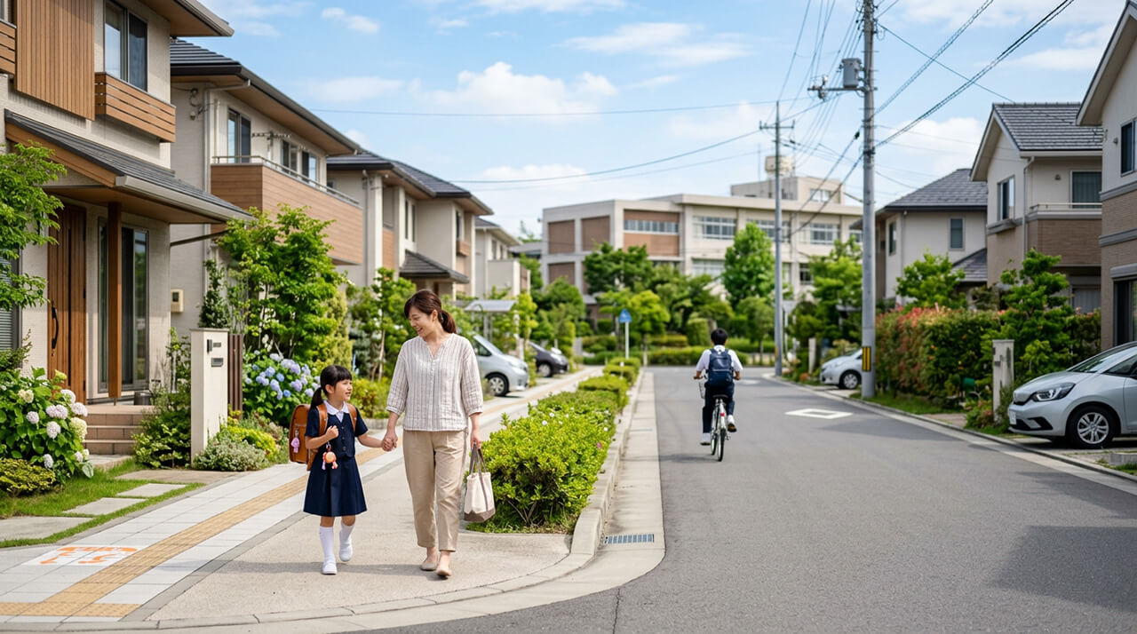 学校が見える住宅街の通学路を、母親と小学生が歩く様子