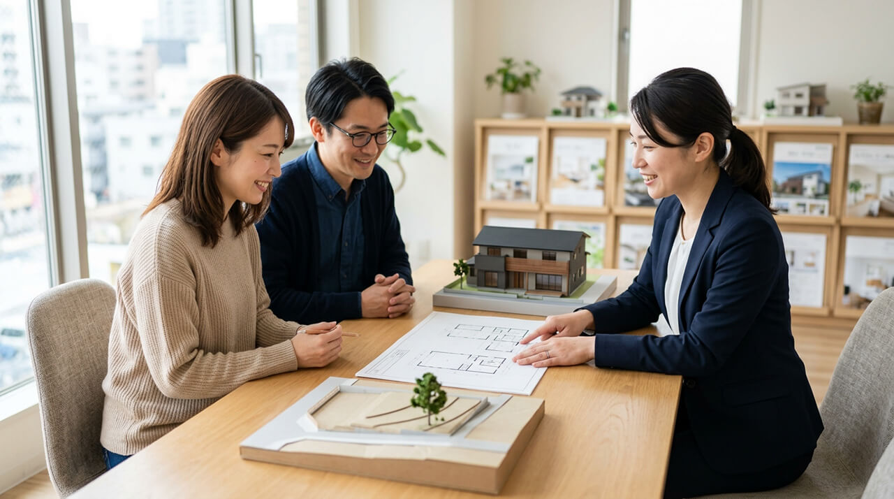 夫婦が住宅会社の担当者と間取りや住宅模型を確認する様子