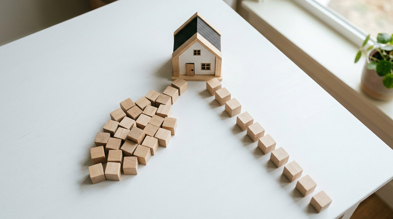 住宅模型へ続く長短の木製ブロックで、繰り上げ返済による返済期間の短縮を表したイメージ