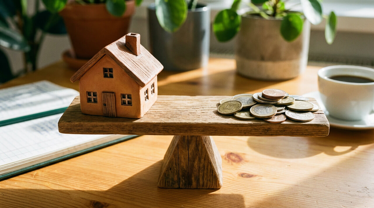 住宅模型と硬貨を載せた天秤で、住宅費と家計のバランスを表したイメージ