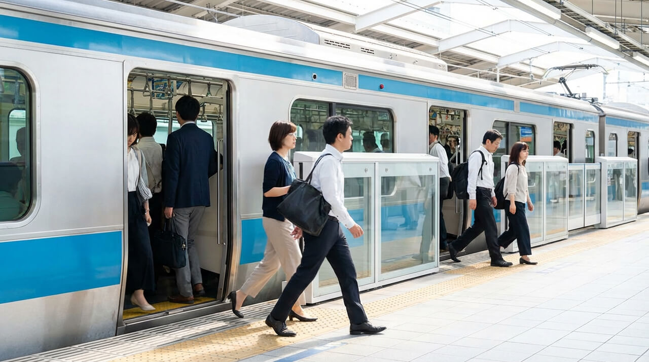 駅のホームで電車に乗り降りする通勤客の様子