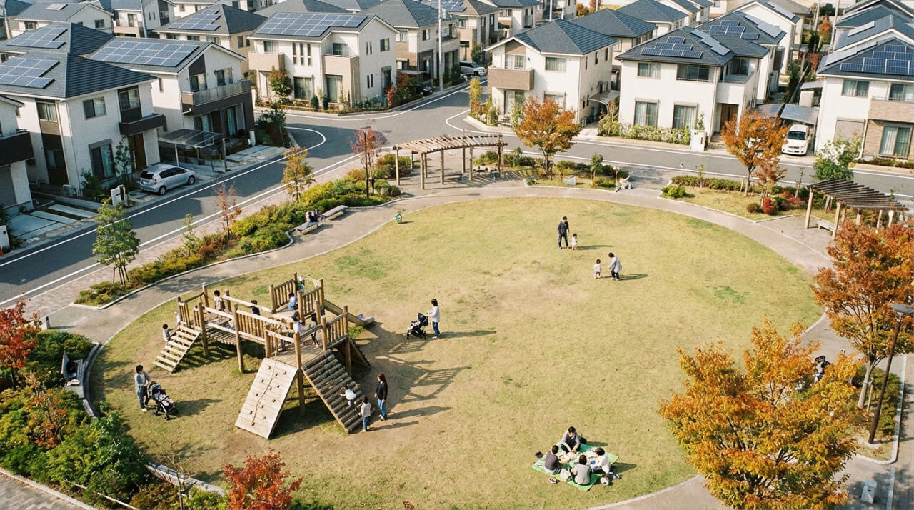 公園を中心に住宅が立ち並び、家族連れが過ごす新興住宅街の様子
