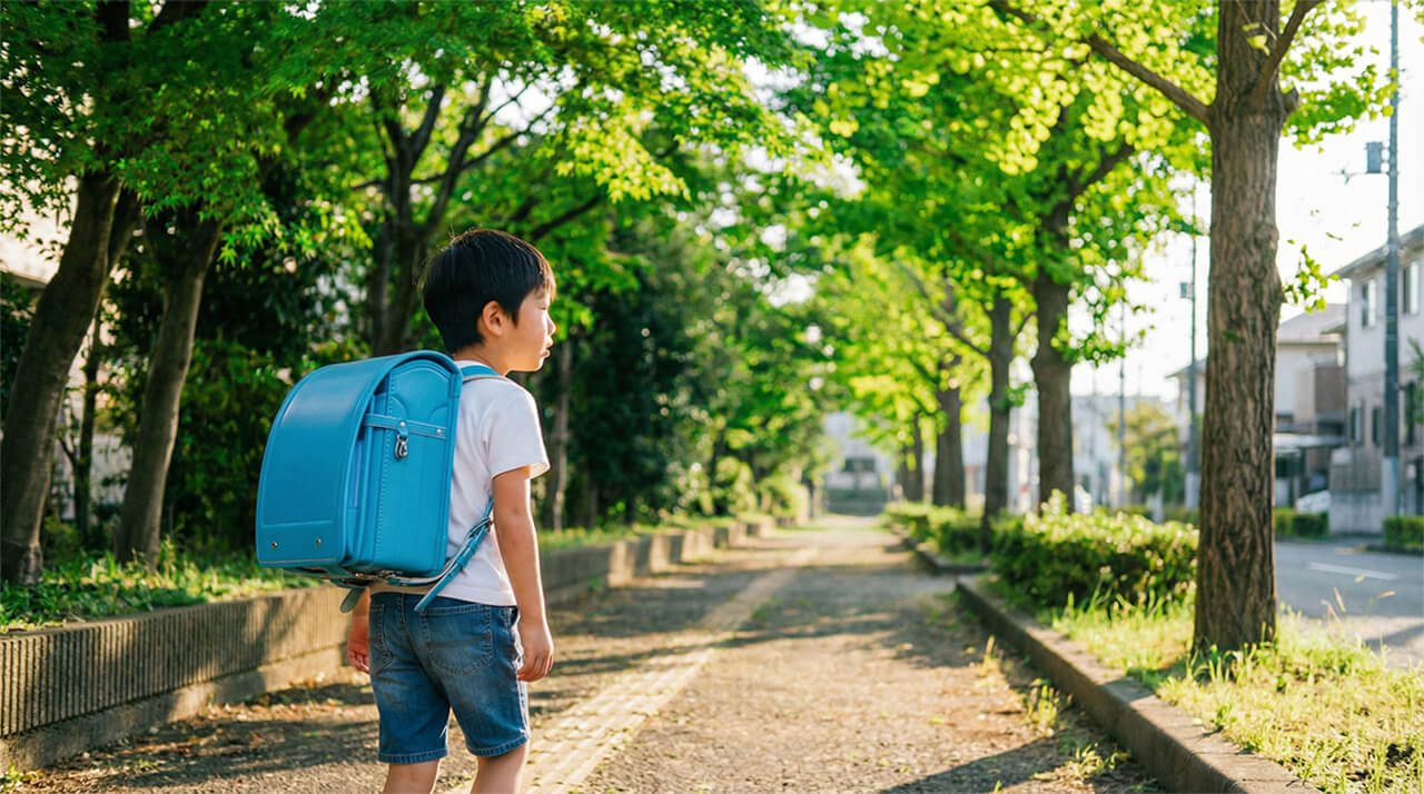 緑豊かな住宅街の通学路をランドセル姿の小学生が歩く様子