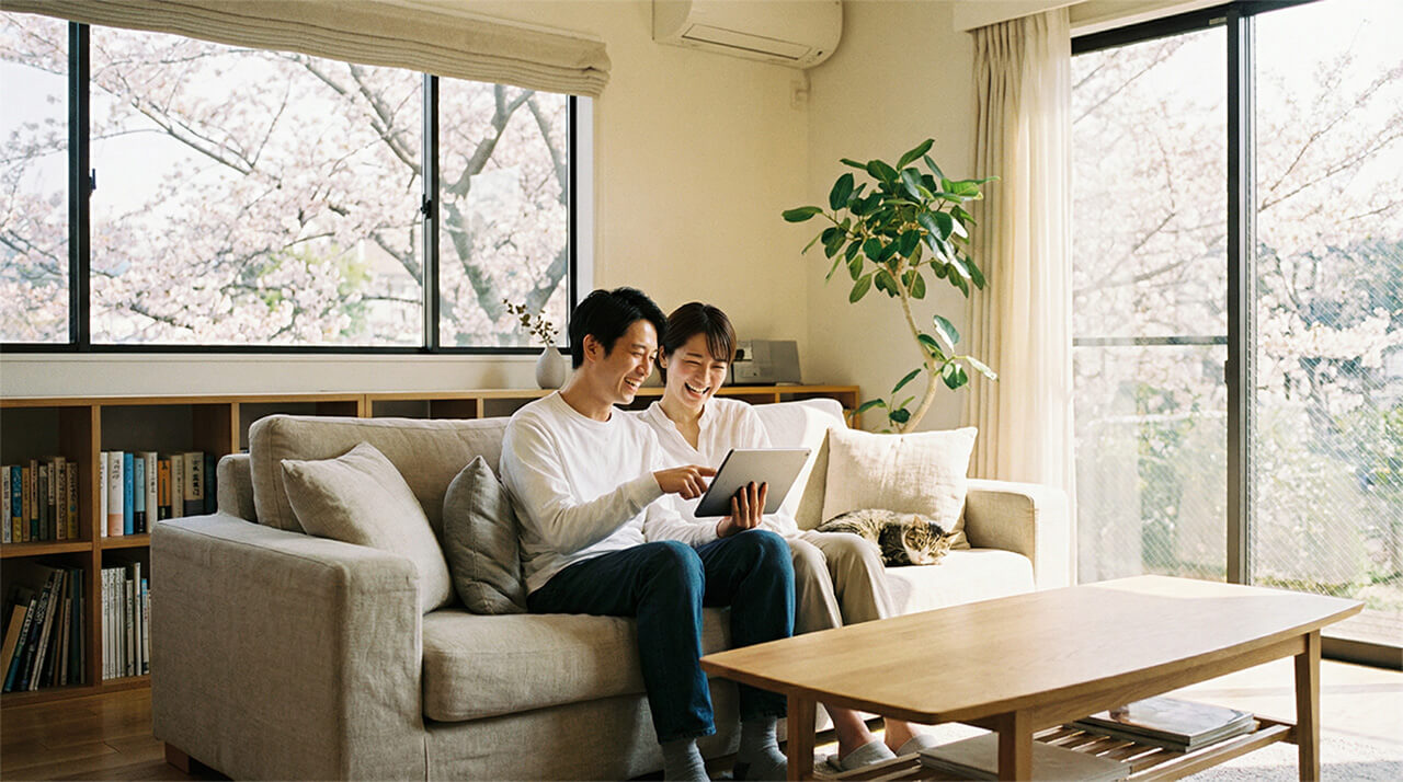 桜が見える明るいリビングで、夫婦がタブレットを見ながらくつろぐ様子