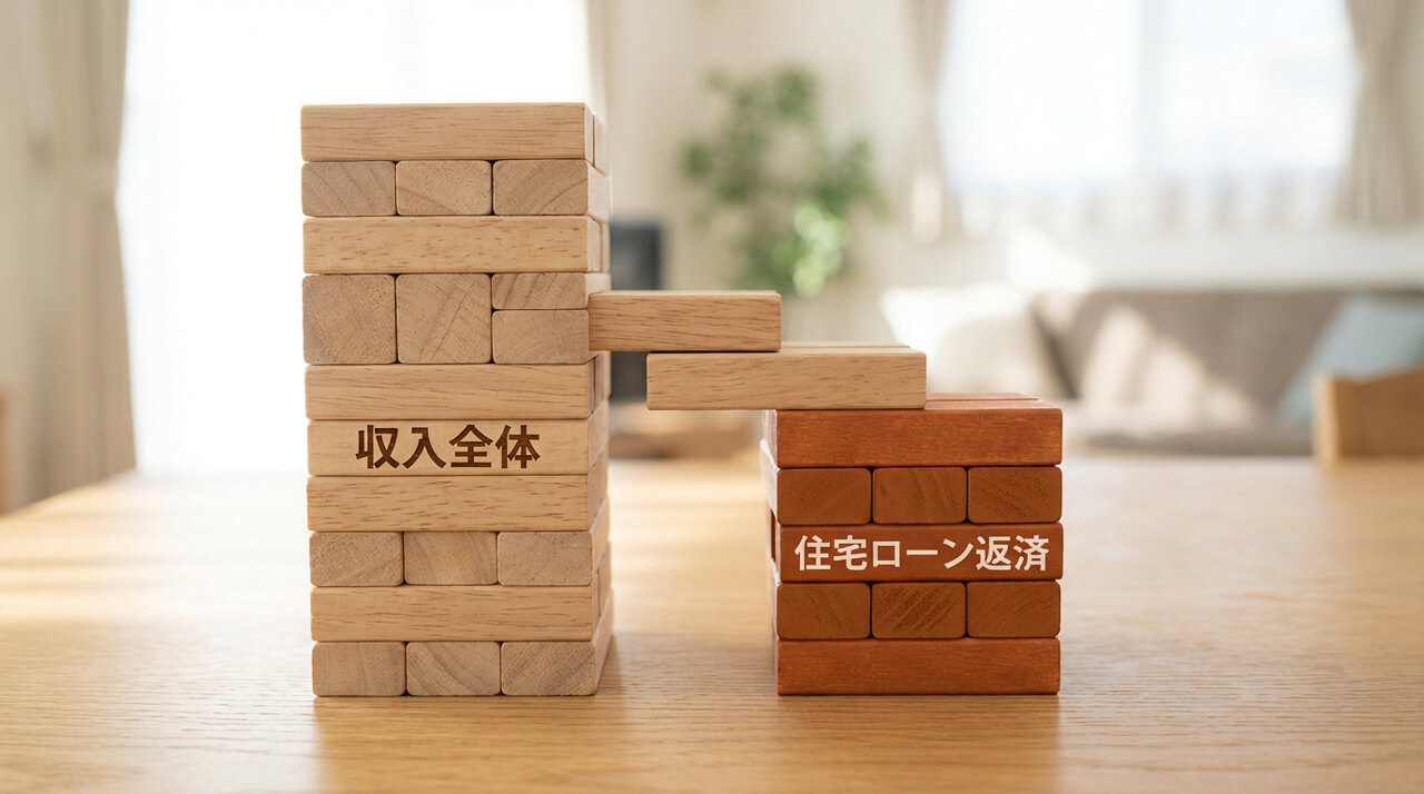 収入全体と住宅ローン返済額のバランスを木製ブロックで表したイメージ