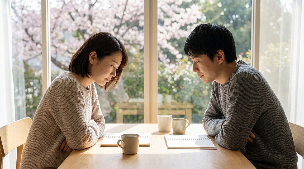 桜が見える明るいダイニングで、夫婦がノートを前に話し合う様子