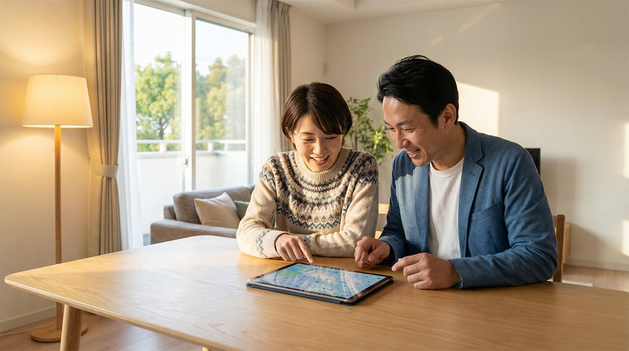 夫婦が自宅のテーブルでタブレットの地図を確認する様子