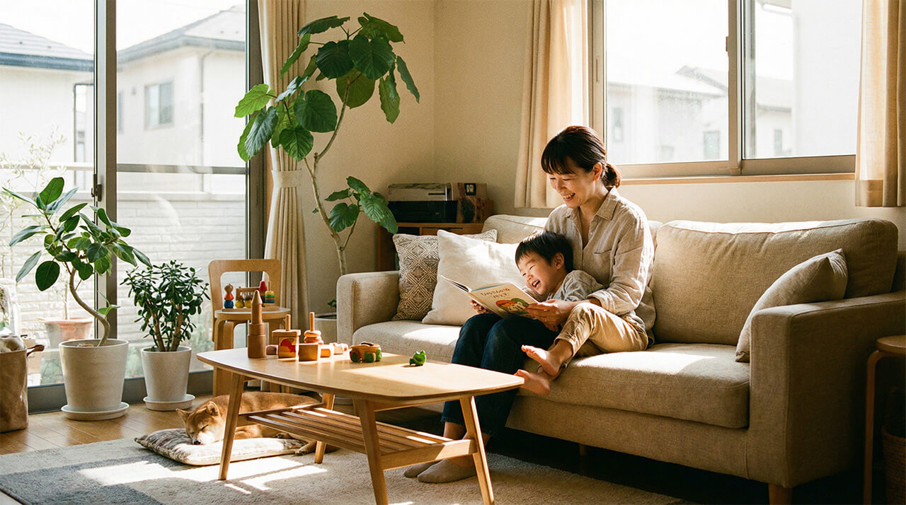 明るいリビングで母親が子どもに絵本を読み聞かせる様子