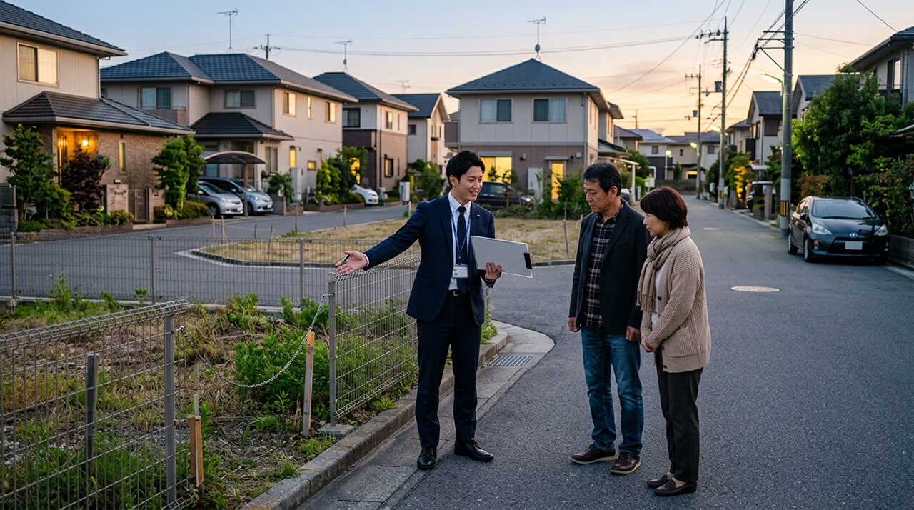 住宅街の空き地を不動産担当者と夫婦が見学する様子