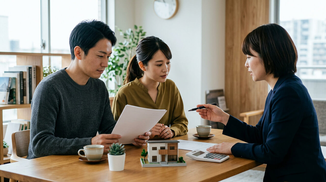 夫婦が住宅会社の担当者から建築条件や費用について説明を受ける様子