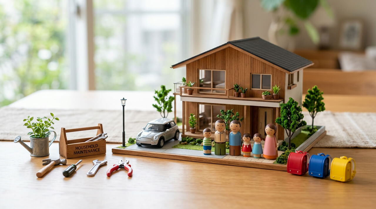 住宅模型と家族の人形、修繕工具を並べた住まいの維持管理イメージ