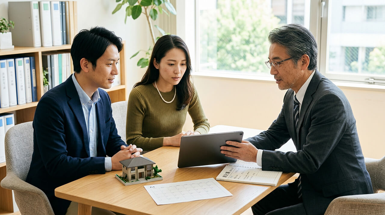 夫婦が専門家から住宅ローンの返済計画について説明を受ける様子