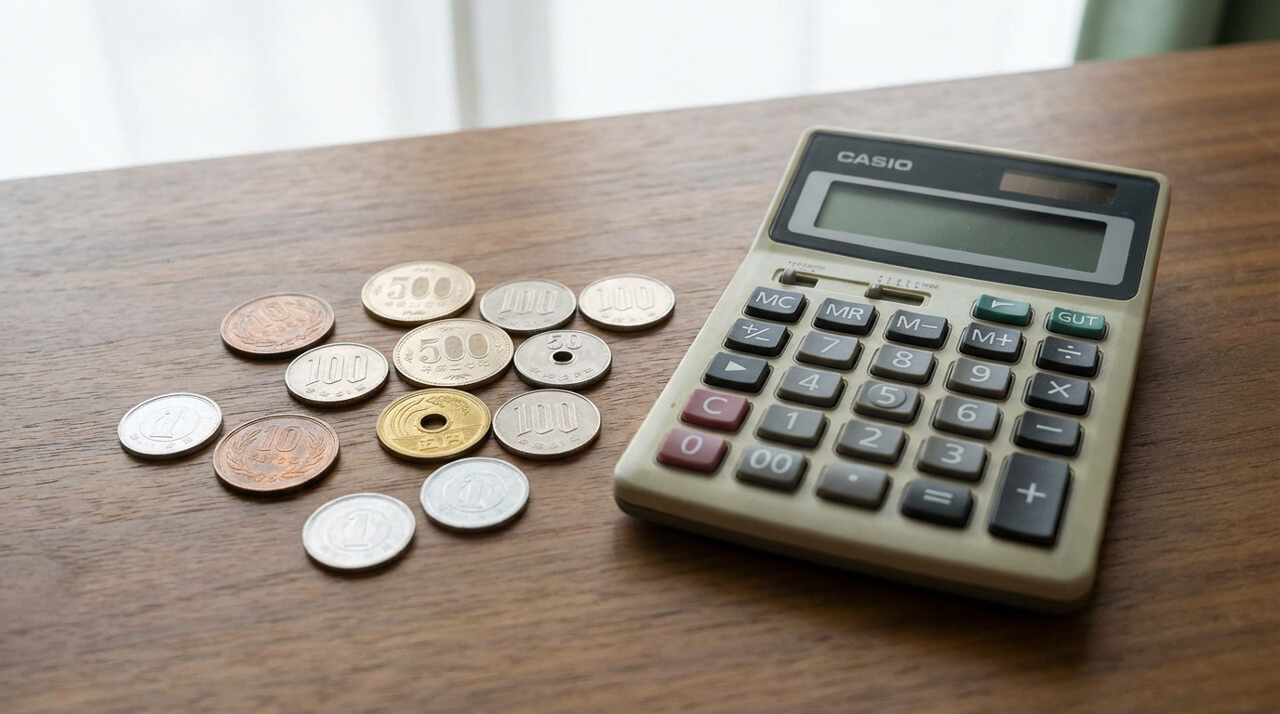 電卓と日本の硬貨が並ぶ家計計算のイメージ